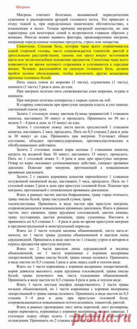 Мигрень.
Травник. Золотые рецепты народной медицины. Универсальный справочник. Москва 2007
