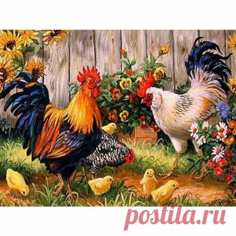 Алмазная мозаика с петухом, курицей и цыплятами|Алмазная роспись, вышивка крестом