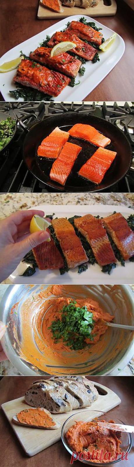 Жареный лосось с сырно-томатным маслом и капустой кале - рецепт с фотографиями