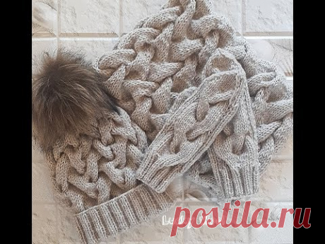 Теплый,зимний комплект: шапка и снуд с узором из кос. Часть 1. Шапка с двойной резинкой.Hat & snood.