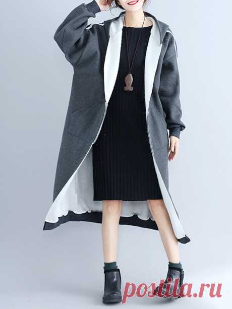 Casual Women Printed Long Sleeve Hooded Thick Long Coat - Newchic Plus Size Outerwear