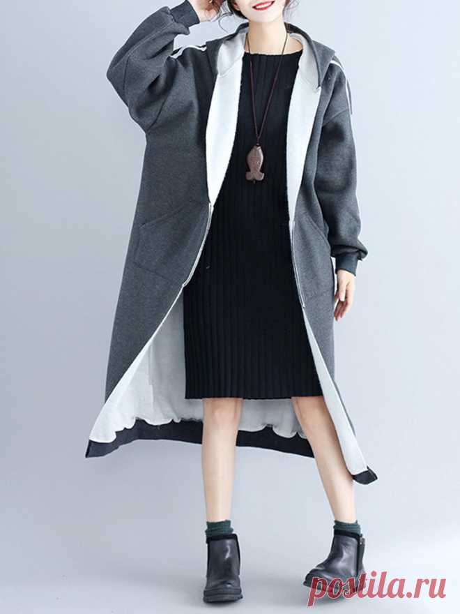 Casual Women Printed Long Sleeve Hooded Thick Long Coat - Newchic Plus Size Outerwear