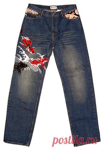 Мужские джинсы с вышивкой в японском стиле. Мужская футболка. Мужские джинсы купить. LemonStyle, интернет-магазин стильной молодежной одежды.