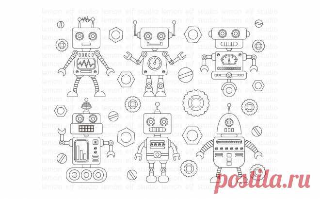 Robot and Friends-Digital Stamp (LES.DS37) By Lemon Elf Studio | TheHungryJPEG.com