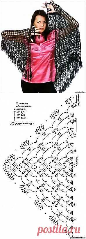 Тонкая ажурная шаль крючком. Связать шаль крючком, схема. - Схемы вязания шали - Схемы для вязания - Уроки вязания крючком - Вязание крючком, мотивы, схемы для вязания крючком