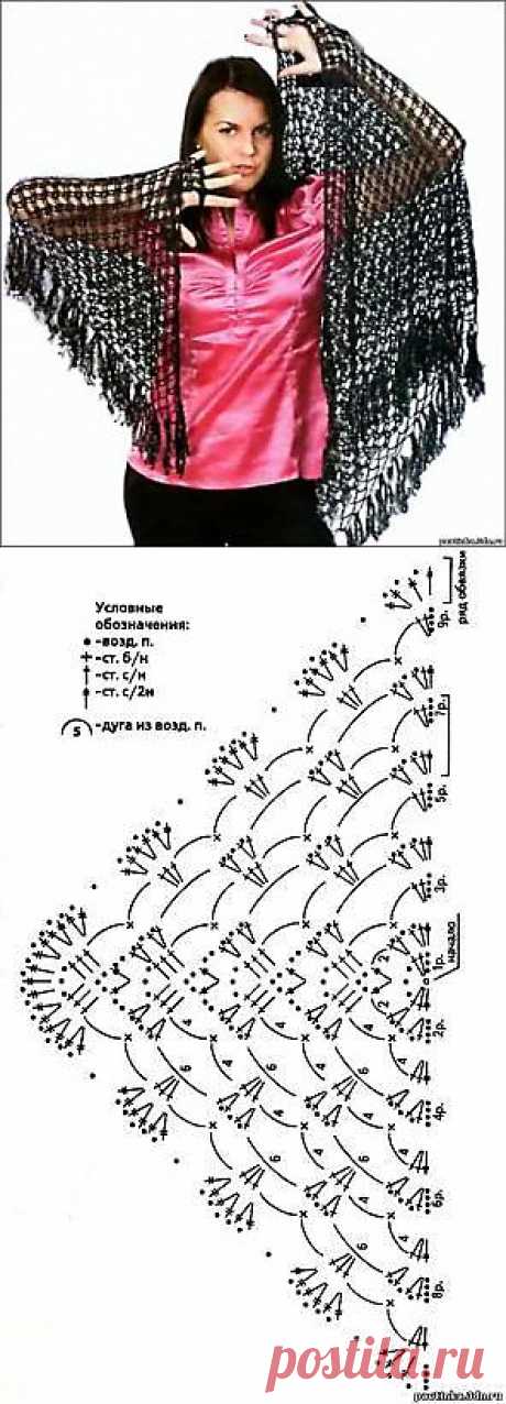 Тонкая ажурная шаль крючком. Связать шаль крючком, схема. - Схемы вязания шали - Схемы для вязания - Уроки вязания крючком - Вязание крючком, мотивы, схемы для вязания крючком
