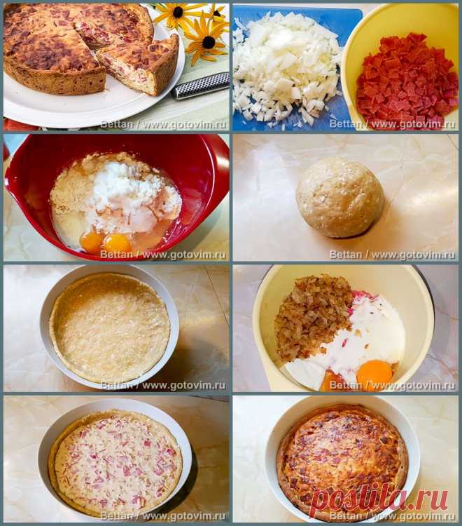 Пирог из творожного теста с салями и сыром