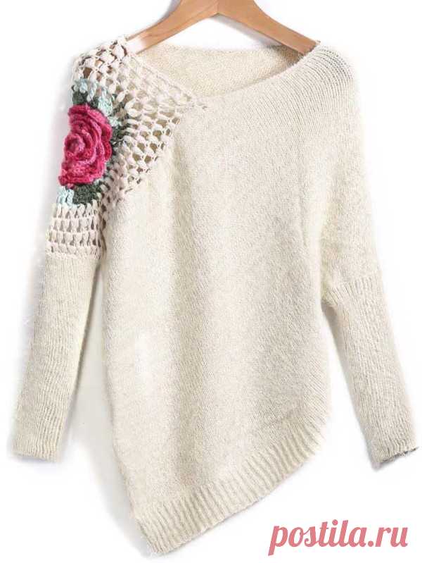 Apricot Round Neck Floral Crochet Loose Sweater -SheIn(Sheinside)