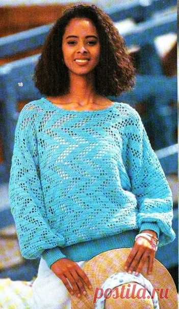 Бирюзовый пуловер с зигзагообразным вертикальным филейным узором

Размеры: 38/40 (42/44).

Материалы:

500 (550) г бирюзовой пряжи (100% полиакрила, 250 м/50 г).Спицы № 2,5,крючок № 2,5.

Резинка: попеременно 1 лицевая, 1 изнаночная.

Узор для крючка: количество петель кратно 18 +1 столбик с накидом. Вязать по схеме. В ширину повторять петли раппорта, заканчивать 1 столбиком с накидом. Вместо 1-го столбика с накидом каждого ряда вязать 3 воздушные петли подъема. В высоту у...