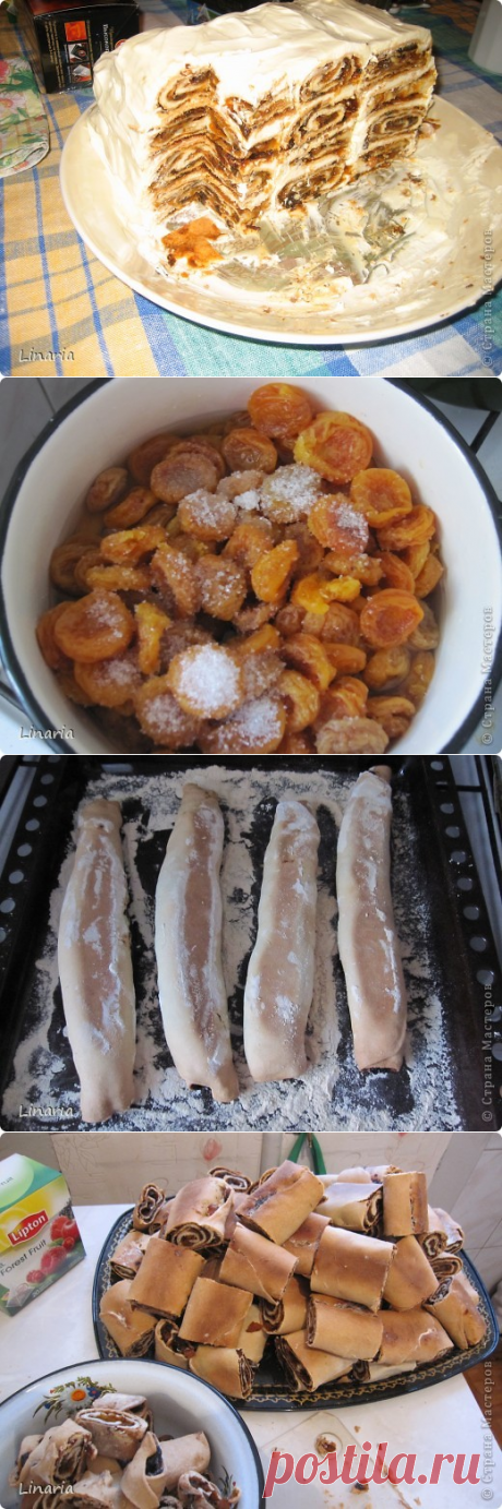 КУРАГА ПОД СНЕГОМ !!!  **Тесто: яйцо 1шт, сахар 0.5ст -взбей, сметана 1ст, негаш/сода 0.5чл, мука 4-5ст -стоит 30мин. *Начинка: курага и чернослив -по 300г - отвари 5-10мин, и в мясорубку. *Тесто на 8шт -в пласт, начинка. *В духовку: рулеты. *Нарезка -кусочки. *Крем: сметана 1л, сахар. *Кусочки в крем, и строй торт. *В холод: на 12ч. *Смотри, не съешь с тарелкой!