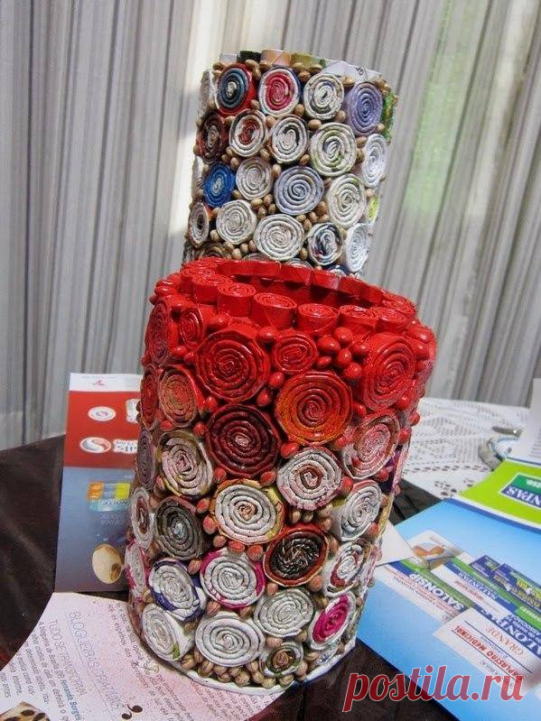Вазы сделаны из картонных труб, листов журнала и фасоли — DIYIdeas