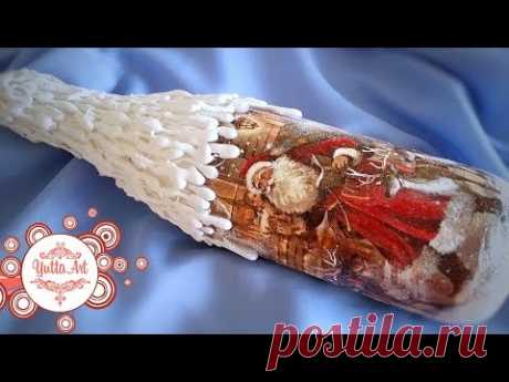 Очень легкий декор бутылки к новому году. Новогодний декупаж