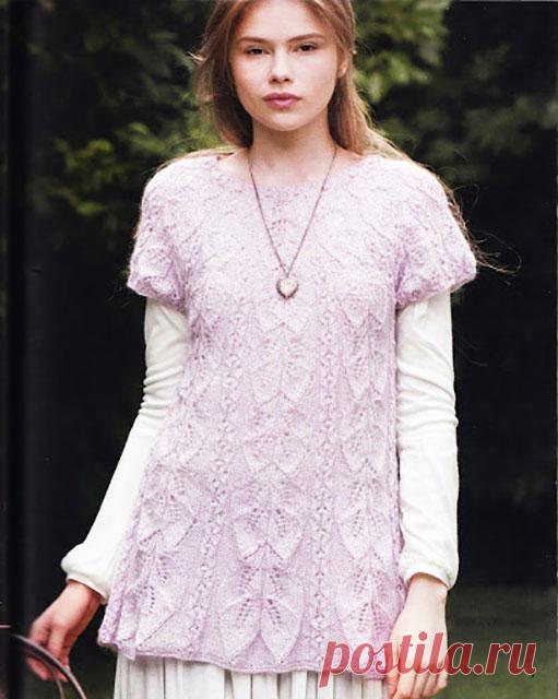 Лавандовая туника узором Взлетающие бабочки спицами – схемы вязания