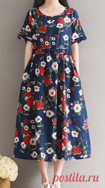 Women loose fit over plus size retro vintage flower dress linen long maxi tunic #Unbranded #dress #Casual