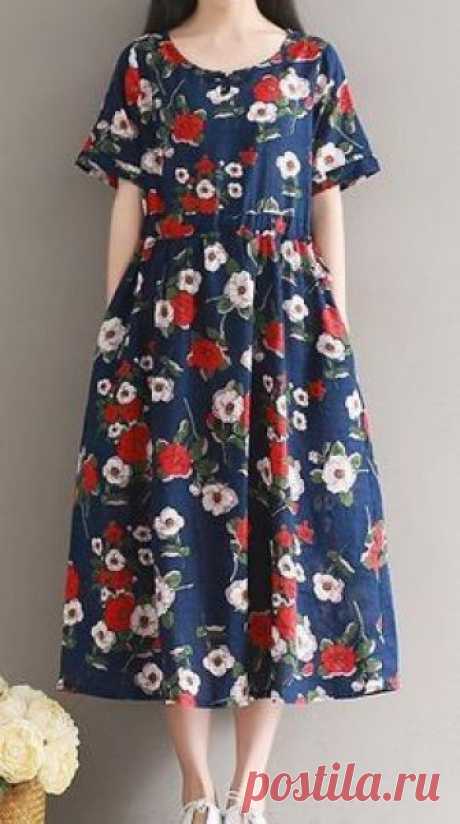 Women loose fit over plus size retro vintage flower dress linen long maxi tunic #Unbranded #dress #Casual