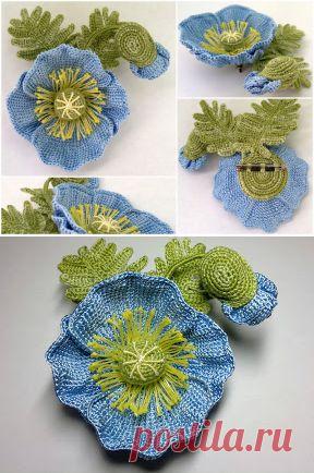 Голубой мак - брошь (крючком) МК.