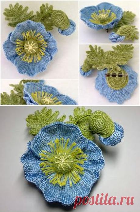 Голубой мак - брошь (крючком) МК.