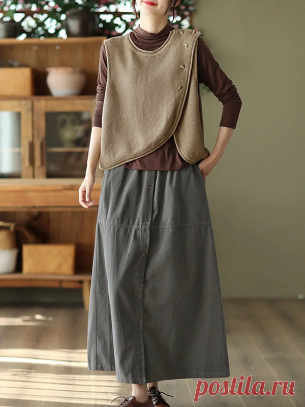 Vintage Loose Irregular Solid Color Round-Neck Vest Top