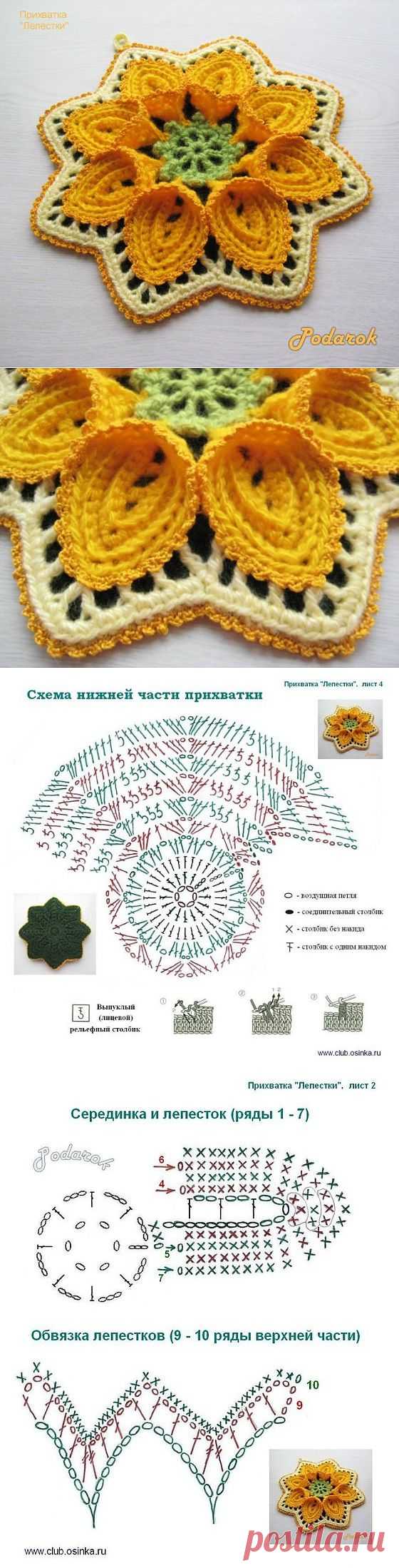Прихватка вязаная крючком в форме яркого цветка - схема.