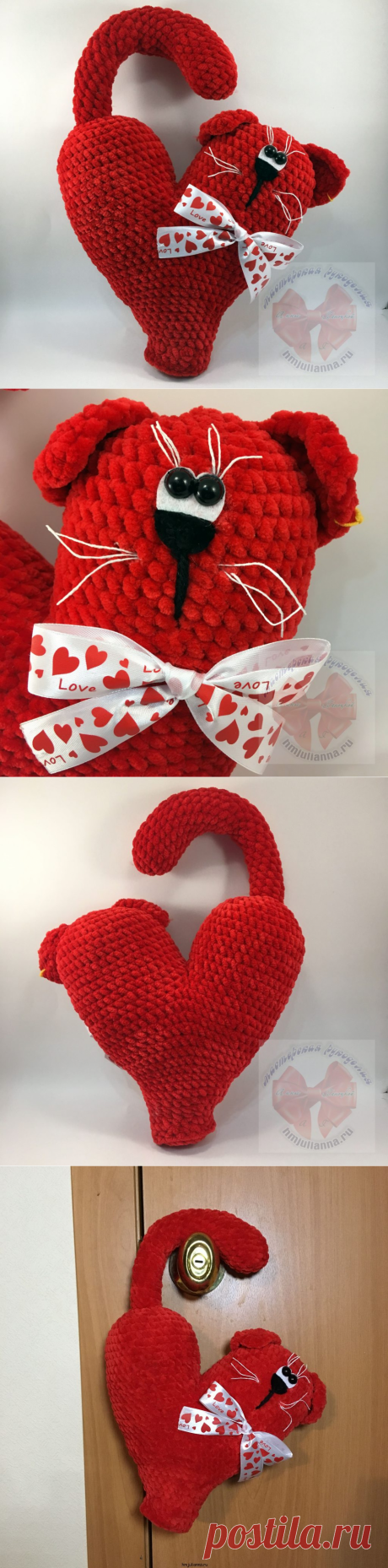 Котик валентинка крючком, игрушка, вешается, красный, 25 см.Мастерская рукоделия Анны Ганоцкой