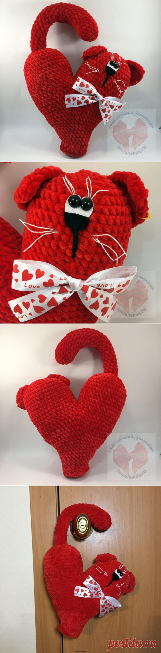 Котик валентинка крючком, игрушка, вешается, красный, 25 см.Мастерская рукоделия Анны Ганоцкой