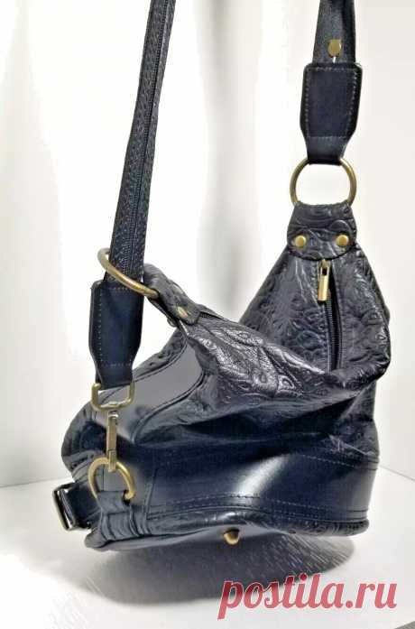 Black Leather Italian Bag. Shoulder Convertible. Embossed. Bucket . | eBay