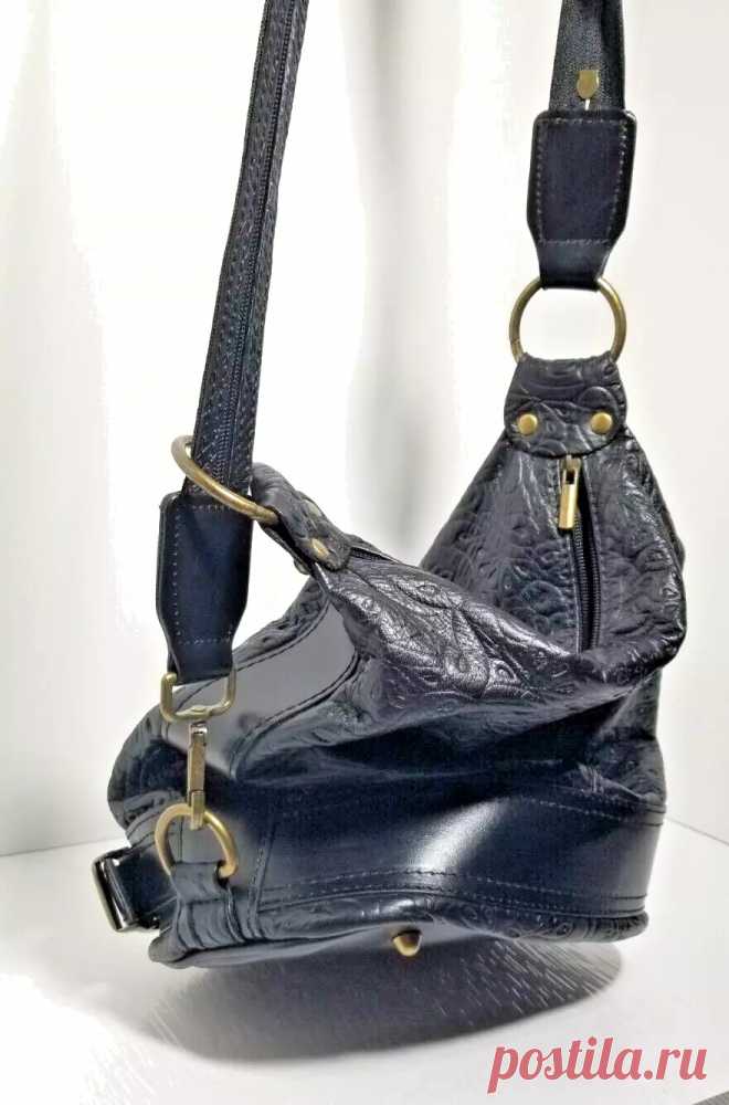 Black Leather Italian Bag. Shoulder Convertible. Embossed. Bucket . | eBay