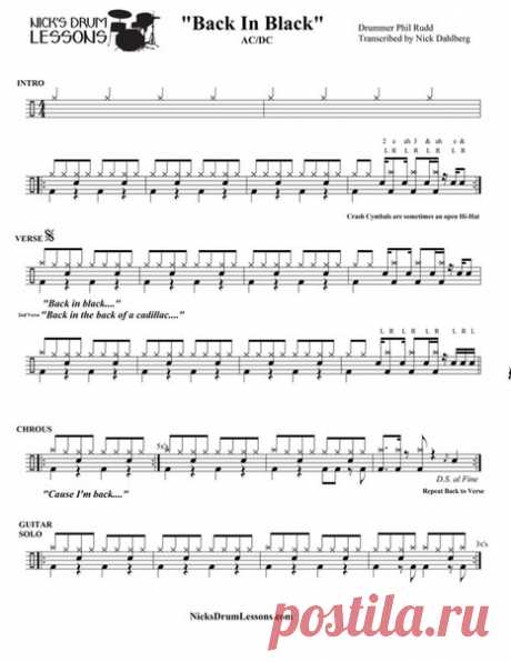 Ноты к AC/DC “Back In Black”. Классическая партия от Phil Rudd.