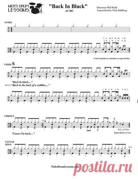 Ноты к AC/DC “Back In Black”. Классическая партия от Phil Rudd.