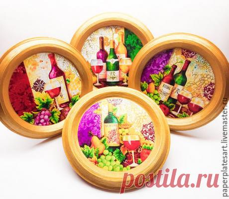 Купить Винный набор из 4-х декоративных панно - винный декор, панно на стену, декоративное панно, декор для интерьера, декор для кухни, панно декупаж, тарелки настенные, тарелки ручной работы, панно ручной работы, винный стиль