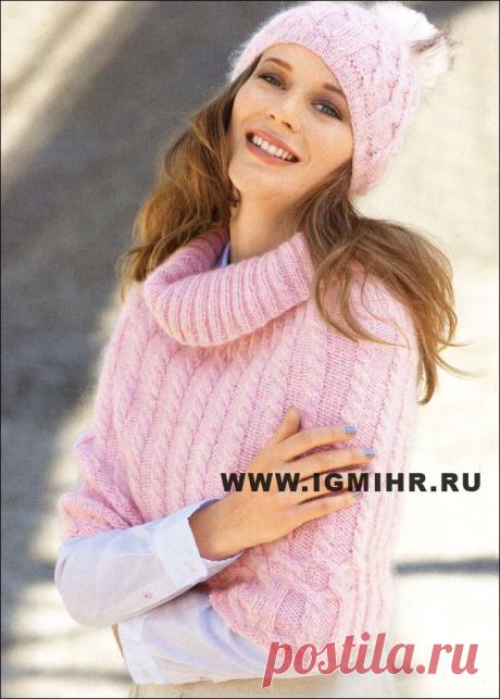Теплый осенний трикотаж. Пелерина и шапочка с узорами из кос. Спицы