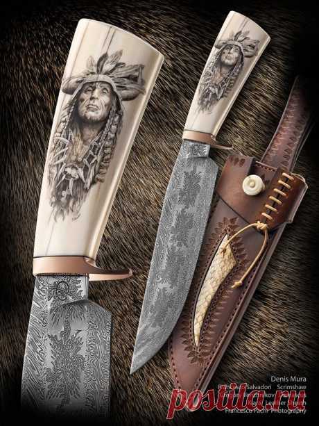 Нож от Denis Mura. Скримшоу от Francesco Pachi. Мозаичный дамаск от Gregory Verizhnikov. Ножны от Kiara Leather. Рог. Скримшоу. Индеец.