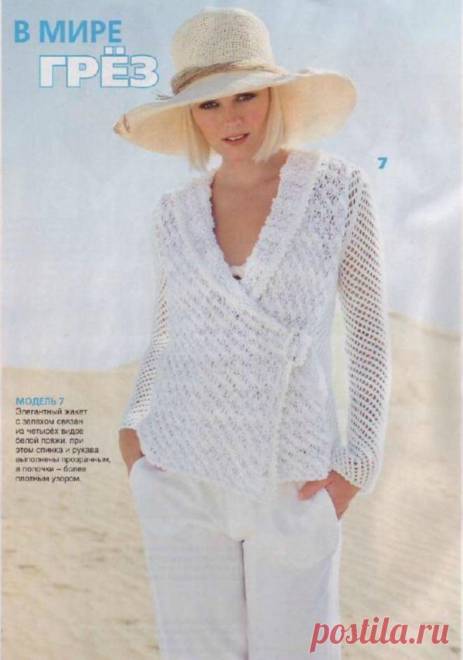 Вязание. Элегантный белоснежный жакет с запахом из 4-х видов пряжи!.