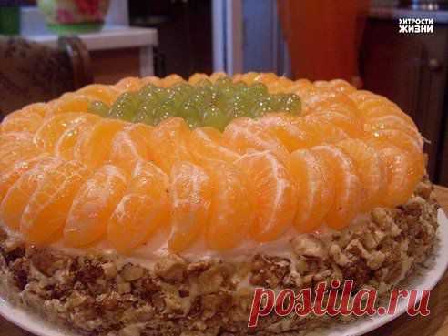 Торт  "Наслаждение" 

Ингредиенты:

· Сливочное -100 гр
· Яйца-2 шт
· Сахарный песок-0,5 стакана
· Мука-1,5 стакана
· Сода-1 ч.ложка

Для желе:
· Йогурт-300 гр
· Сахарный песок-3 ст.ложки
· Сгущенное молоко-0,5 банки
· Желатин-30 гр
· Грецкие орехи,виноград,мандарины.

Приготовление:

Яйца с сахаром взбить,добавить масло,соду и муку,перемешать.Вылить тесто в форму и вып