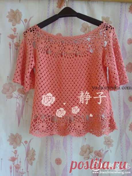 Кофточка из мотивов крючком. Вязание крючком летних кофточек схемы бесплатно Коралловая кофточка из мотивов крючком. Вязание крючком летних кофточек схемы бесплатно