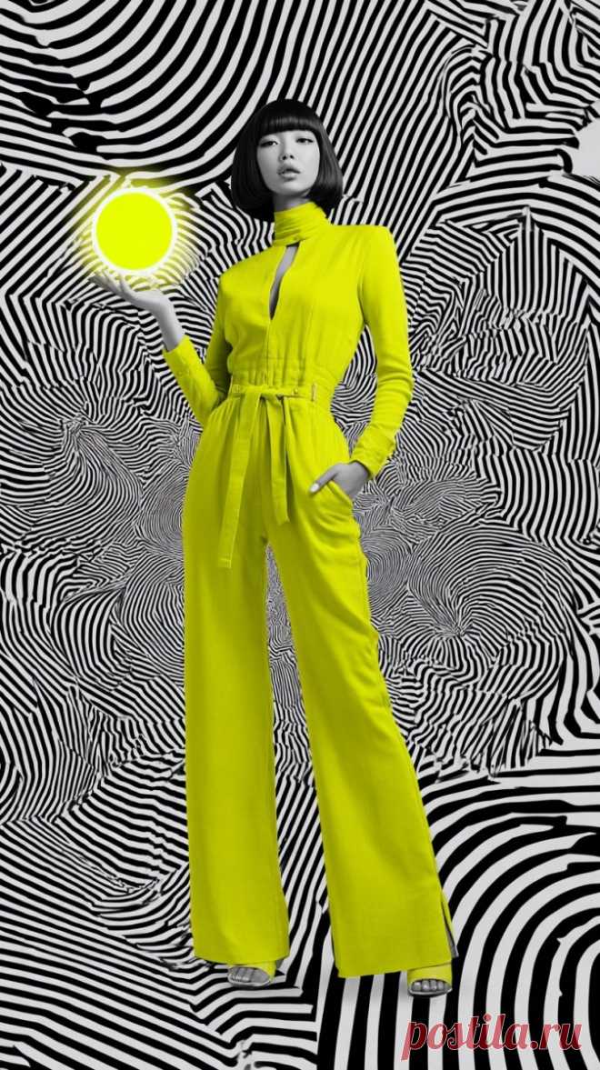 Яркая цифровая коллажная композиция с девушкой в неоновом жёлтом костюме и смелым взглядом. Генерация из нейронной сети Midjourney - Midjourney примеры промтов - Форум ИИ о нейросетях - Yes Ai