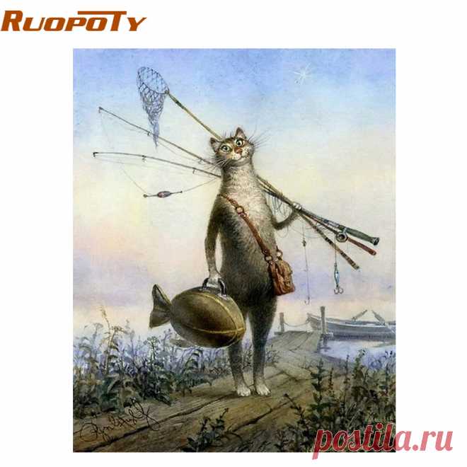 Ruopoty-Cat-Рыбная-ловля-Животные-DIY-цифровой-Краски-ing-по-номерам-комплект-рисования-Краски-по-номерам.jpg (800×800)