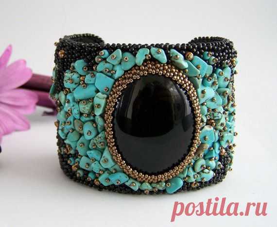 (23) Cuff bracelet, statement bracelet, beaded bracelet, jewelry, cabochon bracelet, black turquoise, bead embroidery, handmade