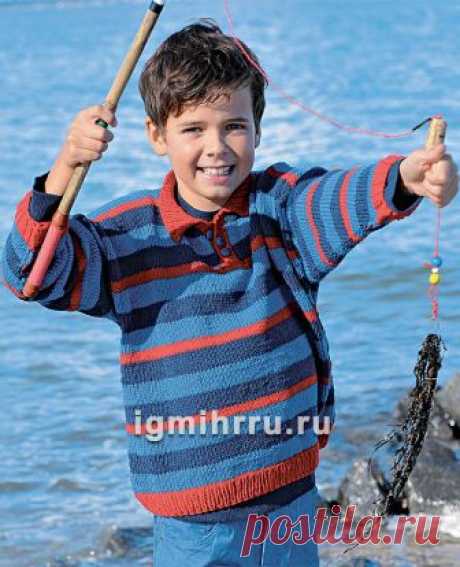 Для мальчика 2-8 лет. Пуловер в полоску и с воротником-поло. Вязание спицами