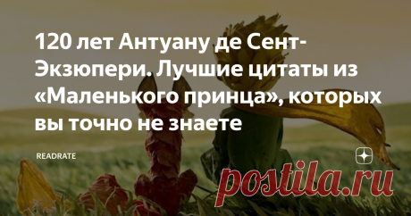 120 лет Антуану де Сент-Экзюпери. Лучшие цитаты из «Маленького принца», которых вы точно не знаете Антуану де Сент-Экзюпери сегодня 120 лет. Его мудрость, доброта и особый взгляд на мир оказали гигантское влияние если не на всю европейскую литературу, то, во всяком случае, на сотни тысяч людей. Среди своих любимых книг «Маленького принца» упоминают Меган Маркл, Шарлиз Терон, Слава Полунин, Фредерик Бегбедер и другие. Персонажи и цитаты из «Маленького принца» так популярны, что давно уже живут
