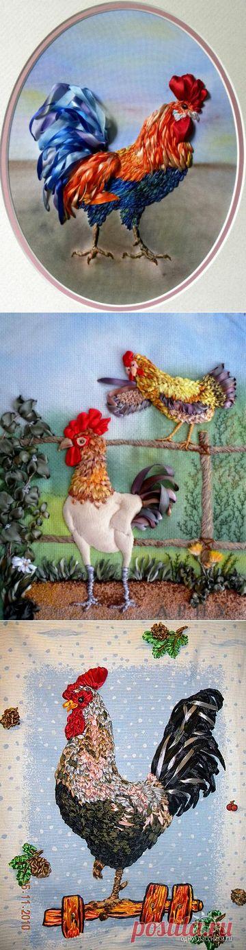 Продолжение темы пернатых: вышивка лентами петухов!