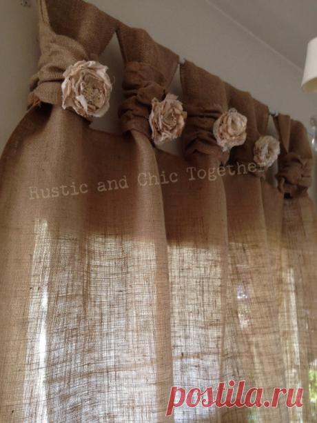 Burlap Curtains Tea dyed rosettes Wide Tabs от RusticChicTogether