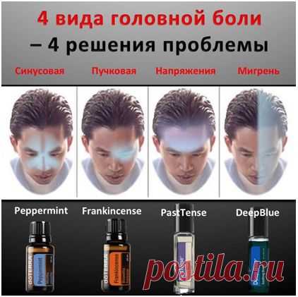 Эфирные масла doTERRA от головной боли. 
Выделяют 4 типа головной боли: 
1. Головная боль напряжения — обычная эпизодическая или хроническая головная боль.
2. Синусная головная боль связана с воспалением гайморовых и фронтальных пазух.
3. Пучковая или кластерная головная боль боль — очень мучительная кратковременная односторонняя головная боль чаще всего в районе глазной орбиты. 
4. Мигрень — неврологическое заболевание. 
Существует ароматерапия всех 4 видов головной боли.