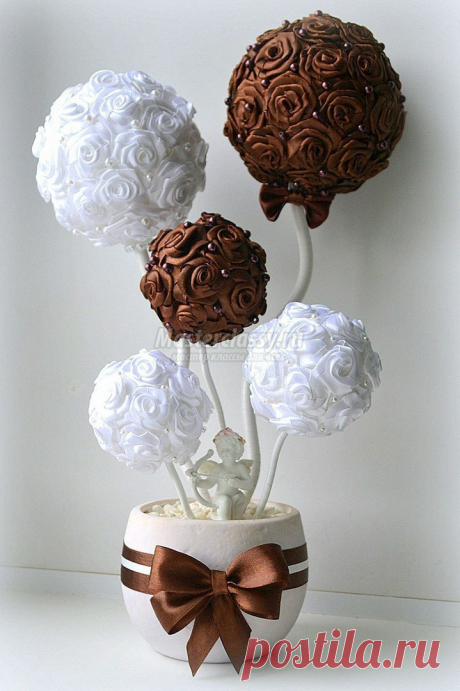 Розочки из лент и топиарий из них в кофейно-белых тонах &amp;mdash; Сделай сам, идеи для творчества - DIY Ideas