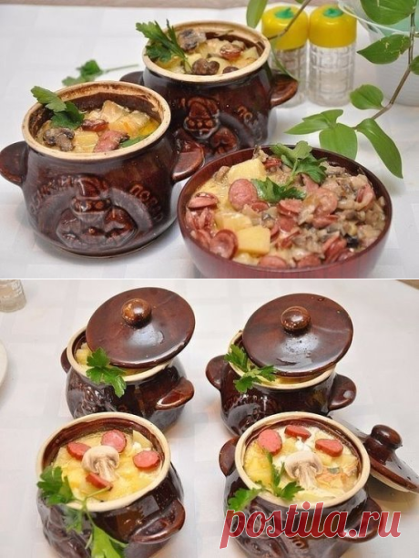 Охотничьи колбаски с картофелем в горшочках