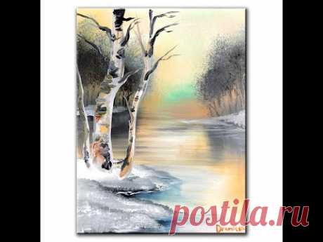 Painting birch trees on frozen winter lake simple step by step acrylic painting demo