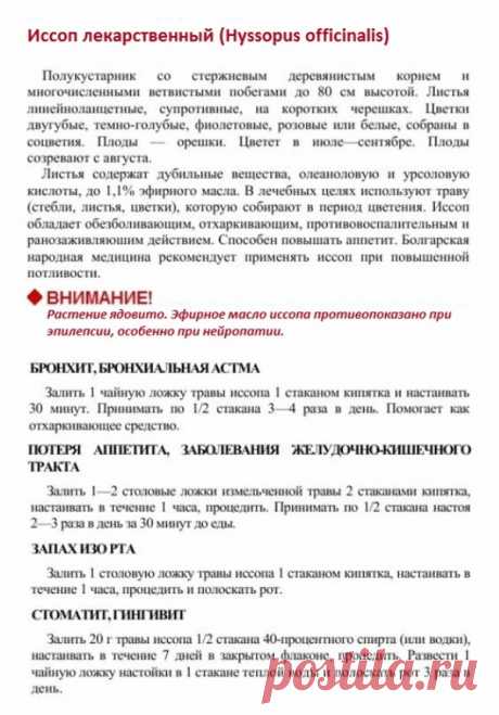 Иссоп лекарственный.
Травник. Золотые рецепты народной медицины. Универсальный справочник. Москва 2007.