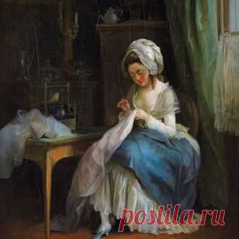 "Young Girl Embroidering" by Jean François  Garneray (attributed), c1780.