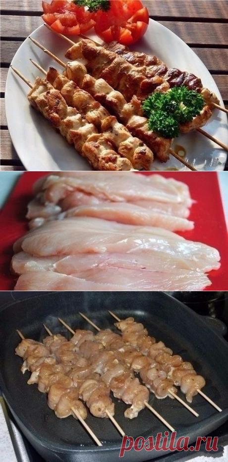 ШАШЛЫК КУРИНЫЙ !!!  **Шпажки замачи в воде на 30мин. *Куриное филе 2шт -длинные  полоски, и на шпажки гармошкой. *Маринад: раст/масло 2сл, соев/соус 1сл, сахар 1сл, кориандр 1сл, чеснок 2зуб, соль, кр/перец. *Под пленку, и в холод на 2часа. *В духовку:  на 20мин, не забывая 1раз перевернуть шпажки.