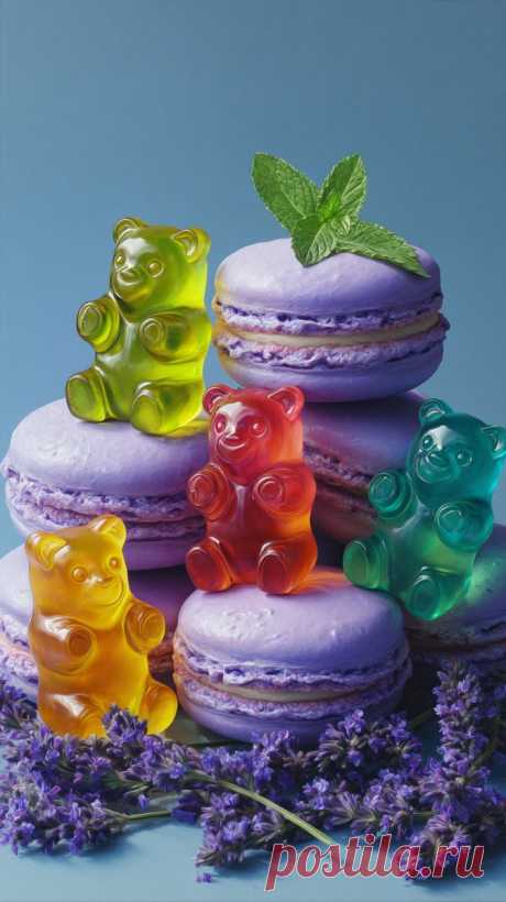 Яркие мармеладные мишки и фиолетовые макаруны в мягком свете. Изображение из нейронной сети Миджорни - Midjourney примеры промтов - Форум ИИ о нейросетях - Yes Ai